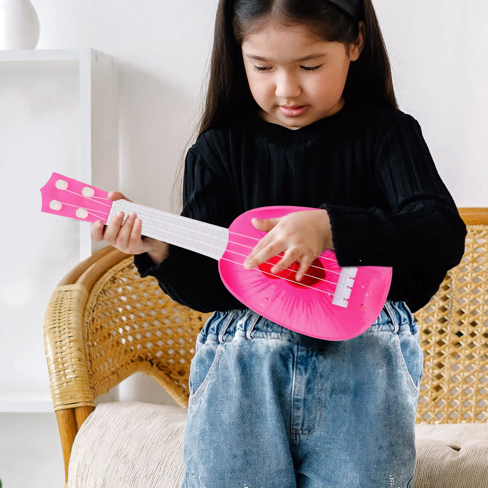 Crianças guitarra de plástico brilhante cor dos desenhos animados aprendizagem precoce ukulele instrumento musical mini guitarra brinquedo crianças ukulele brinquedo