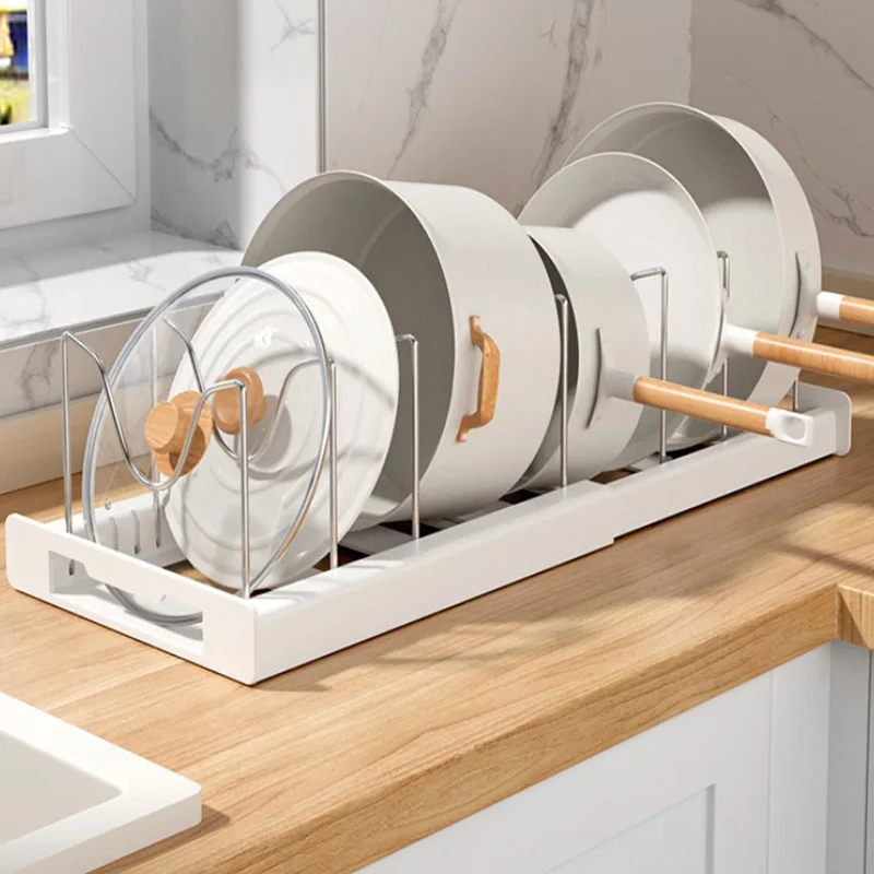 Simple Telescopic Pot Rack Kitchen Cabinet Built-in Under Sink Pot Shelf Adjustable Pot Storage Organizer