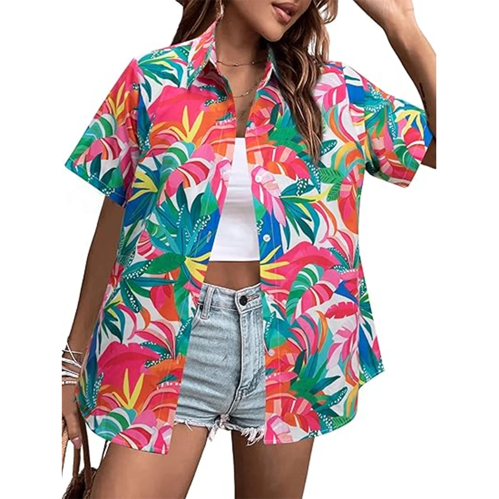 Fashionable Summer Single Breasted Shirts & Blouse Women\'s Basic Tops Short Sleeve Shirt Beach Hawaiian Shirts Summer Vacation