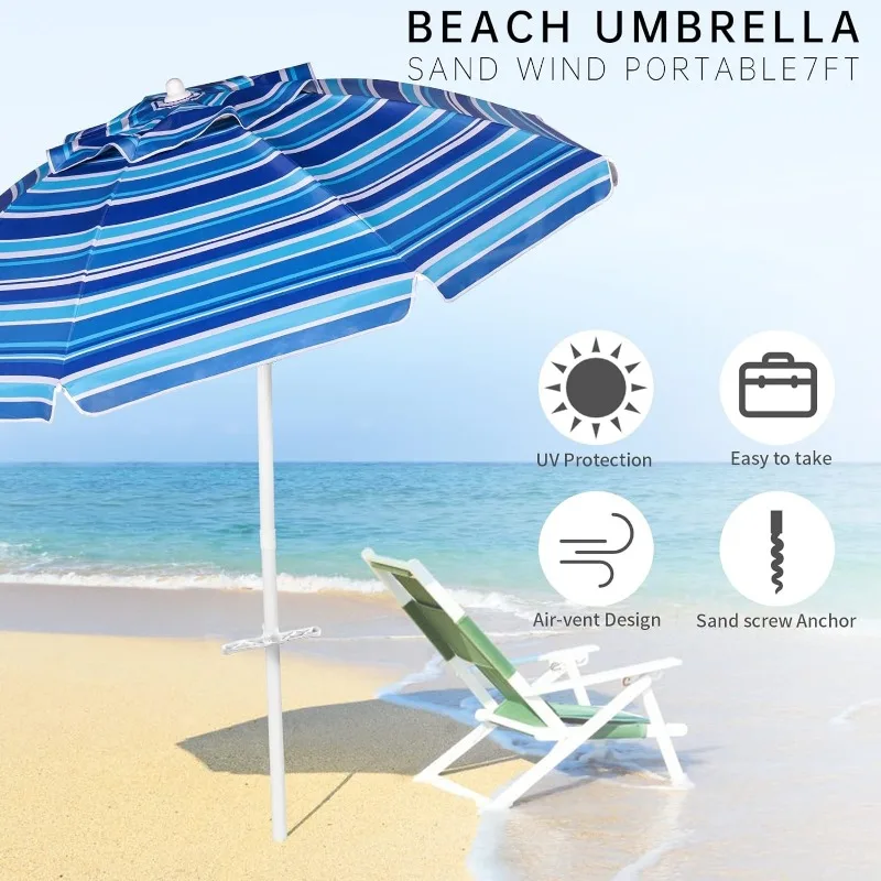 7ft Heavy Duty High Wind Beach Umbrella Parasols with sand anchor & Tilt Sun Shelter,UV 50+ Protection Outdoor Sunshade Umbrella