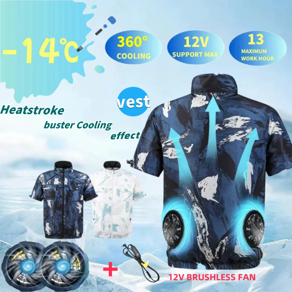 Summer Ice T-Shirt Men's Fan Vest USB Charging Air Conditioner Clothes Fishing Outdoor Cooling Camping Work Sleeveless Jacket