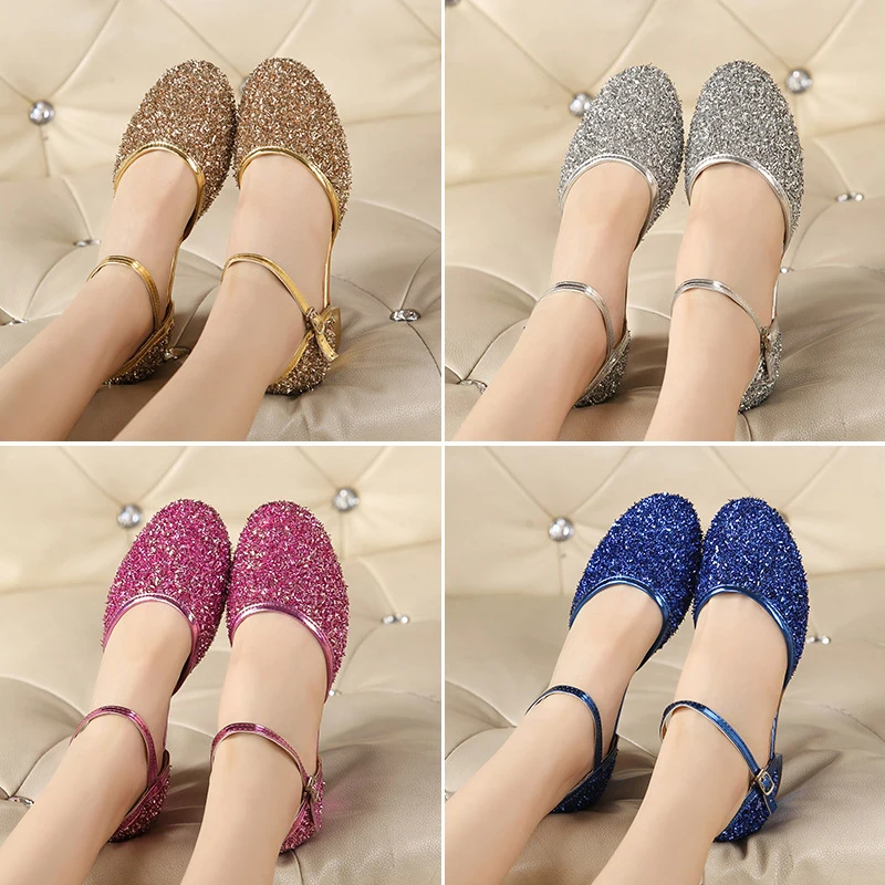 2023 New Summer Girls Party Shoes Princess Sandals Sequined Cloth Leather Glitter Buckle Strap Block Heel Kids Gift Shoes