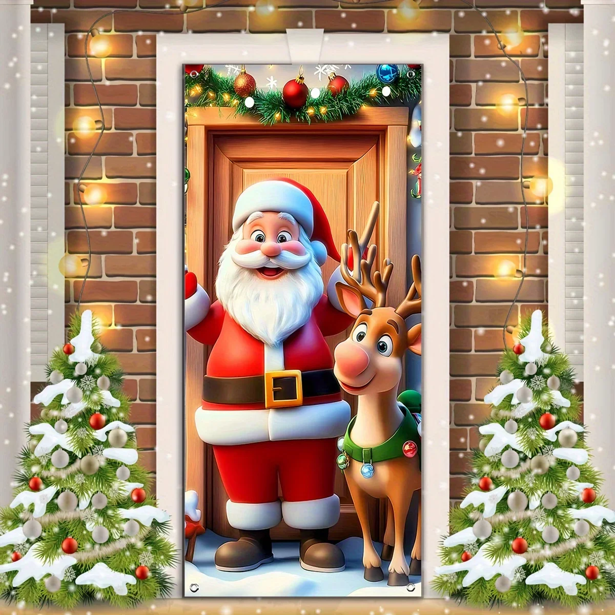 2D door flags, festive Santa Claus and reindeer Christmas door flags - polyester, festive decorations, for indoor/outdoor use