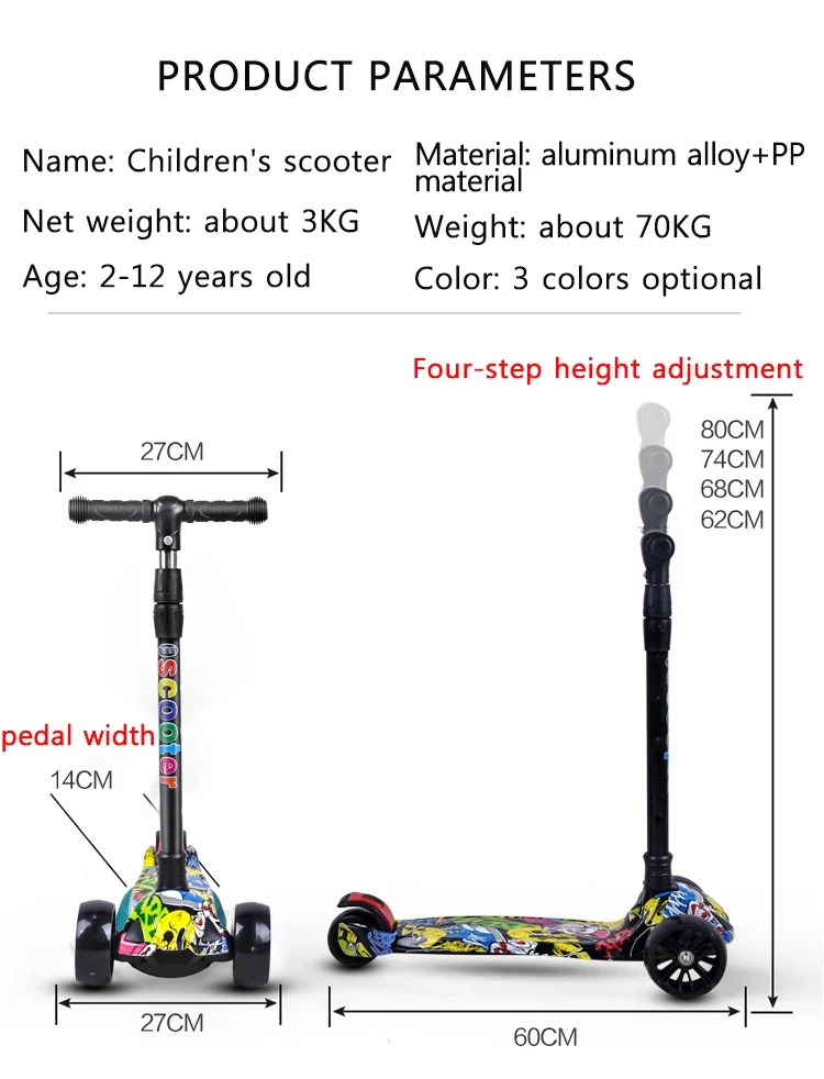 Infoldable children\'s one-pedal three-wheel Kick scooter with wheel glitter and folding Kickboard can suitable for aged 2-12