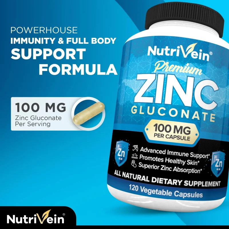 Premium Zinc Gluconate 100 mg - 120 Capsules - Advanced Immune Support for Healthy Skin