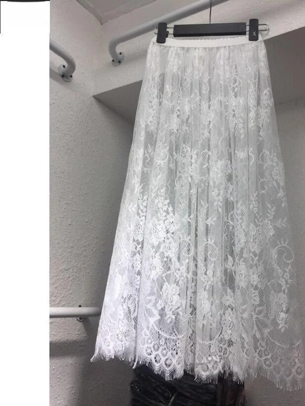 Long Lace Skirt Women's Base Layer Anti-Light Walking Skirt Qipao Matching Full A-Line Skirt Hollow out Polyester Fiber