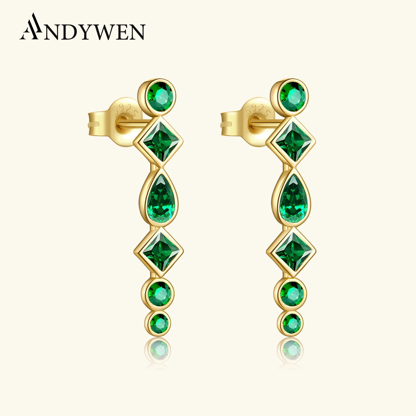 

ANDYWEN Women 925 Sterling Silver Green Zircon CZ Long Piercing Stud Earring Fine Luxury Gift Rock Punk Clips Wedding Jewelry