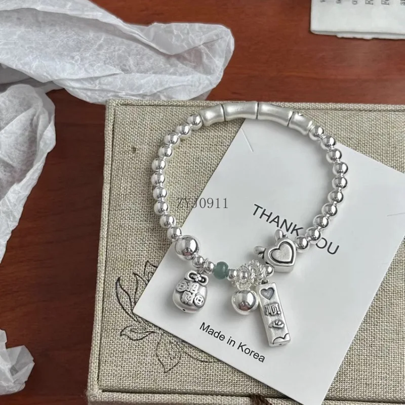 *Fashion Silver Color Love Heart Bead Bracelet for Women Girl 2024 New Simple Bamboo Joints Lucky Wing Ethnic Jewelry Gift