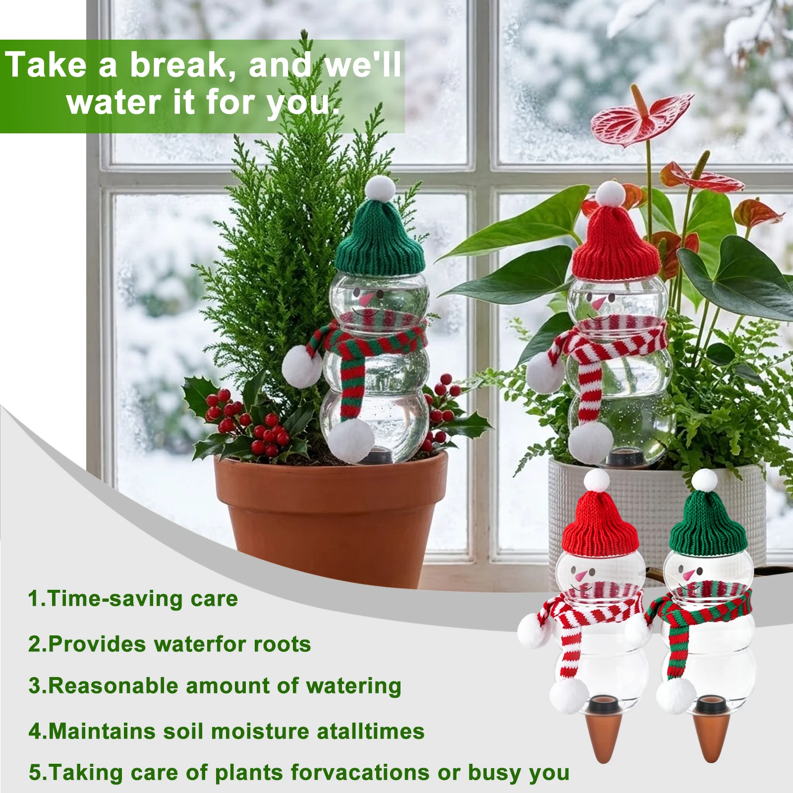 Snowman Self Watering Spikes Adjustable Flow Anti Clog Terracotta Drip Irrigation Stake Vacation Automatic Plant Waterer For Pot