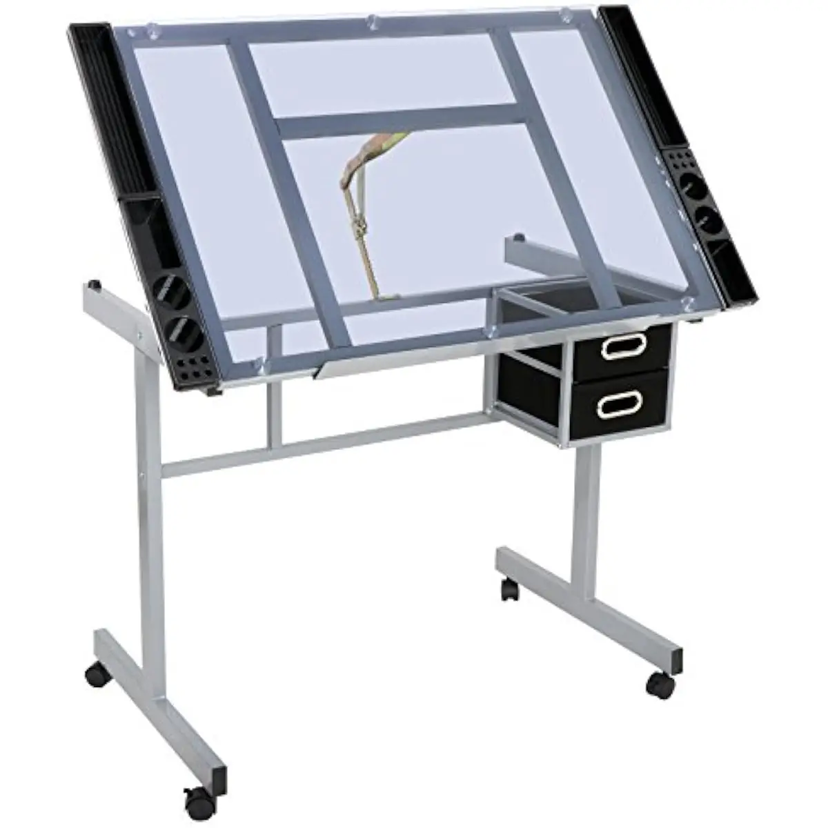 Tempered Glass Drafting Desk with Tilting Surface Up to 70 Degrees, Iron Frame, Two Drawers, Four Lockable Casters, Modern Recta