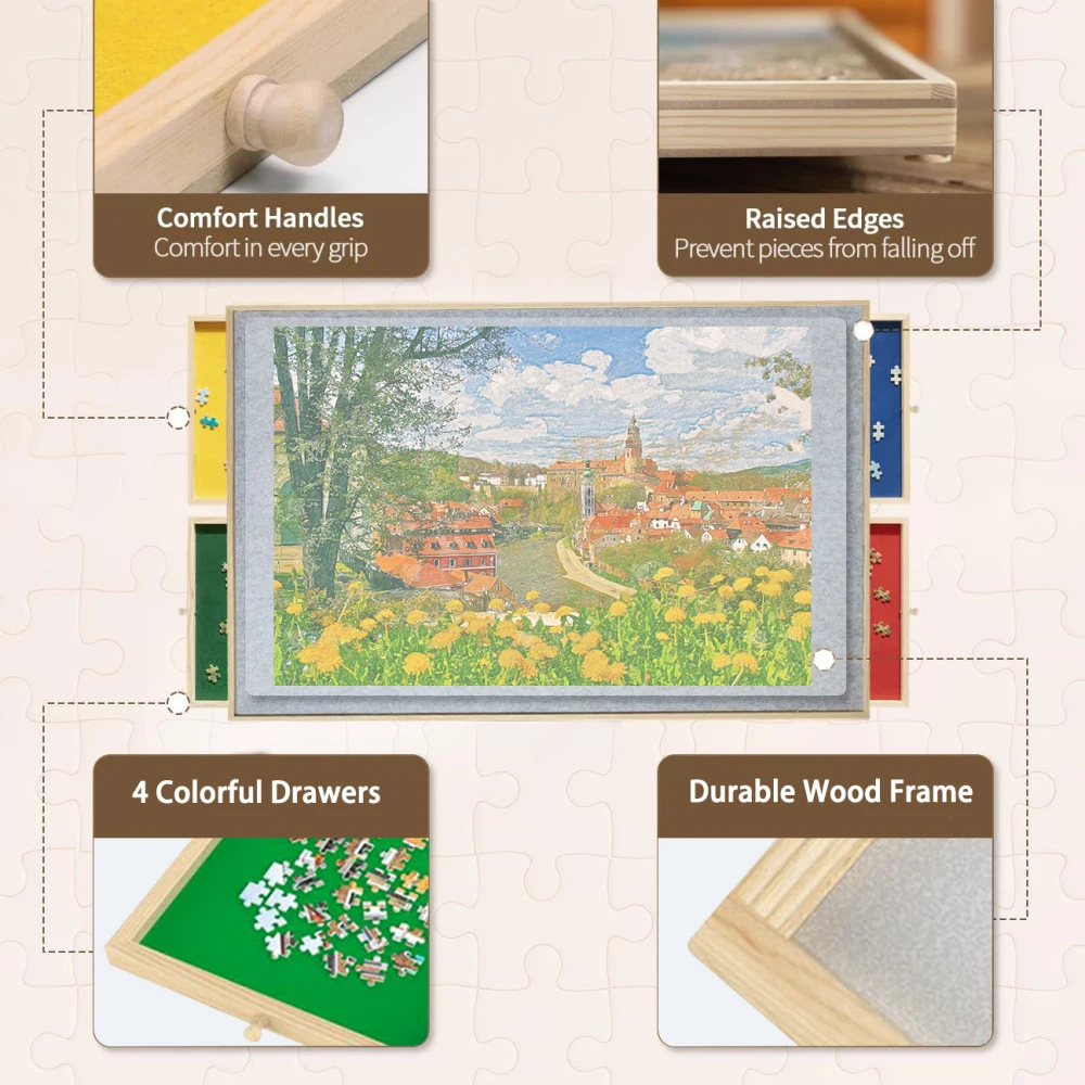 Wooden 1500 Piece Puzzle Table with Drawer, 35"*27.17" Adjustable Puzzle Table, 360° Tilting Puzzle Table with Legs and Wheels