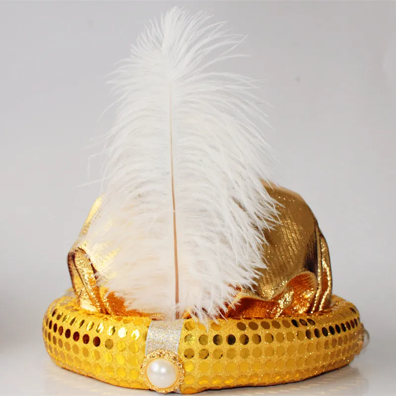 Sombrero de Aladdín para hombre, gorra de juego de personaje mítico, disfraz del sultán, bufanda de bronce, sombrero de plumas étnicas, patrón de especialidad