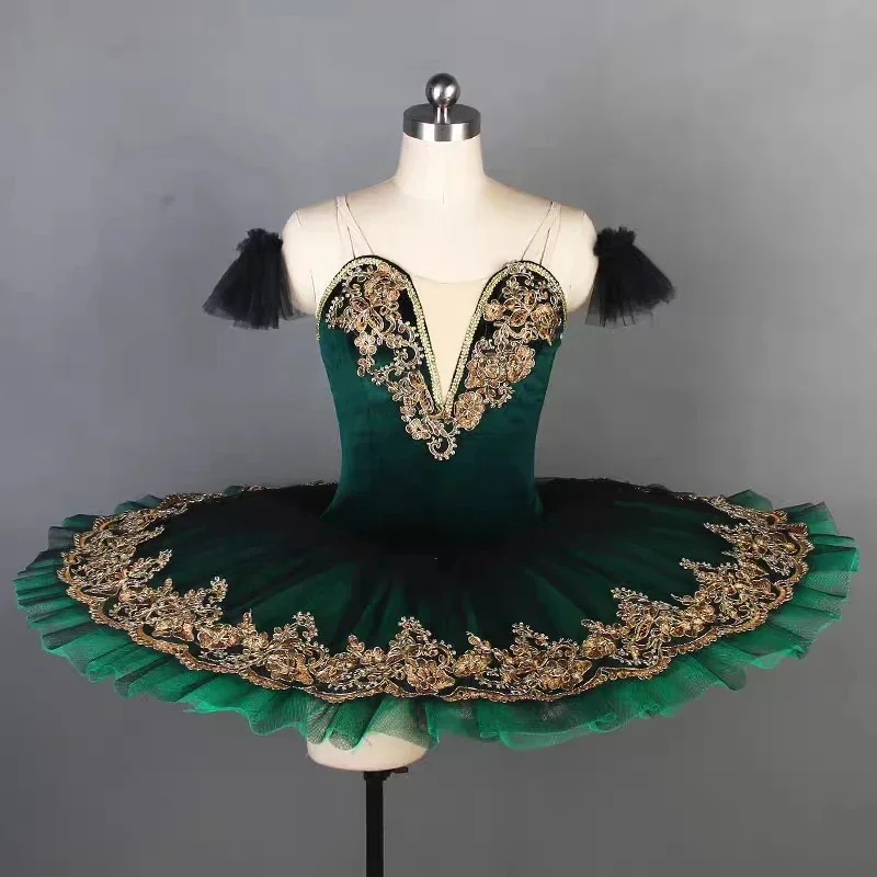 Custom Made Dark Green Professional Classical Ballet Dance Tutu Costumes for Adult Girls Dance Performance Pleated Tutu Dress