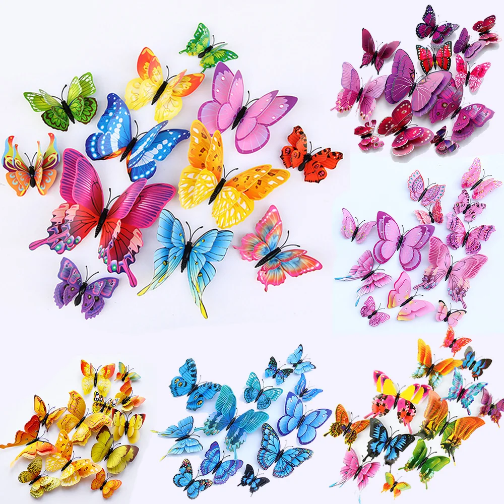 12pcs 3D Double Layer Butterfly Wall Stickers Decor Butterflies for Wedding Decoration Magnet Fridge Decals Decoration Sticker