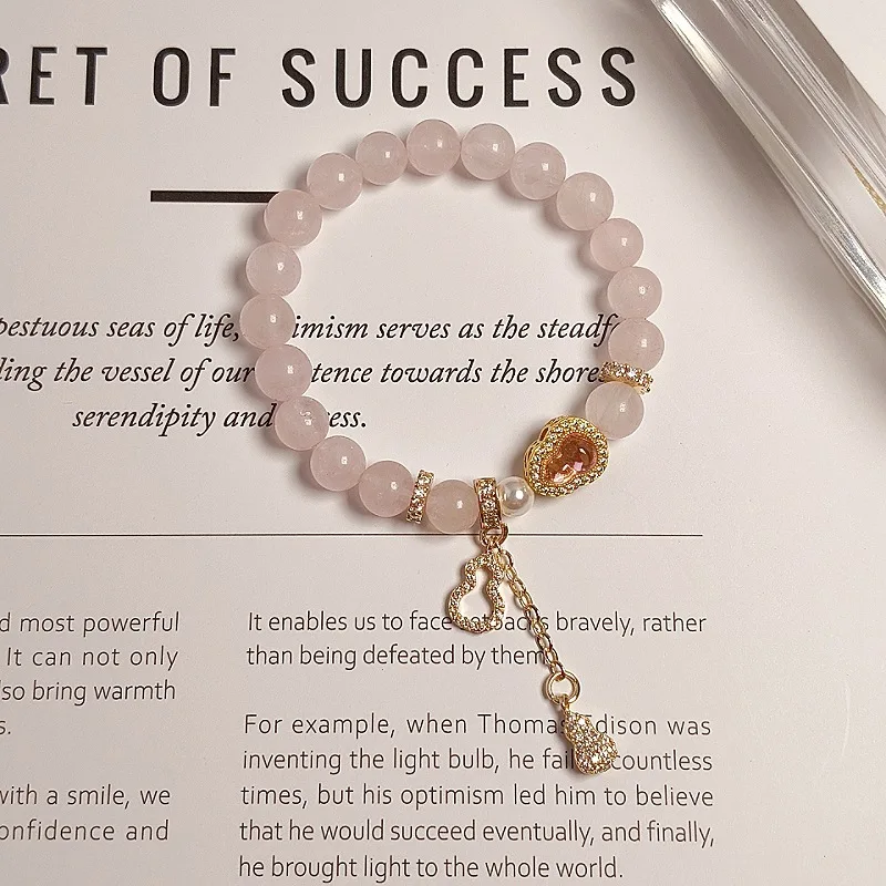 Chinese Style Good Luck Blessing 8mm Natural Rose Quartz Yellow Rutilated Quartz Bracelet Gourd Charm Wealth Attracting Jewelry