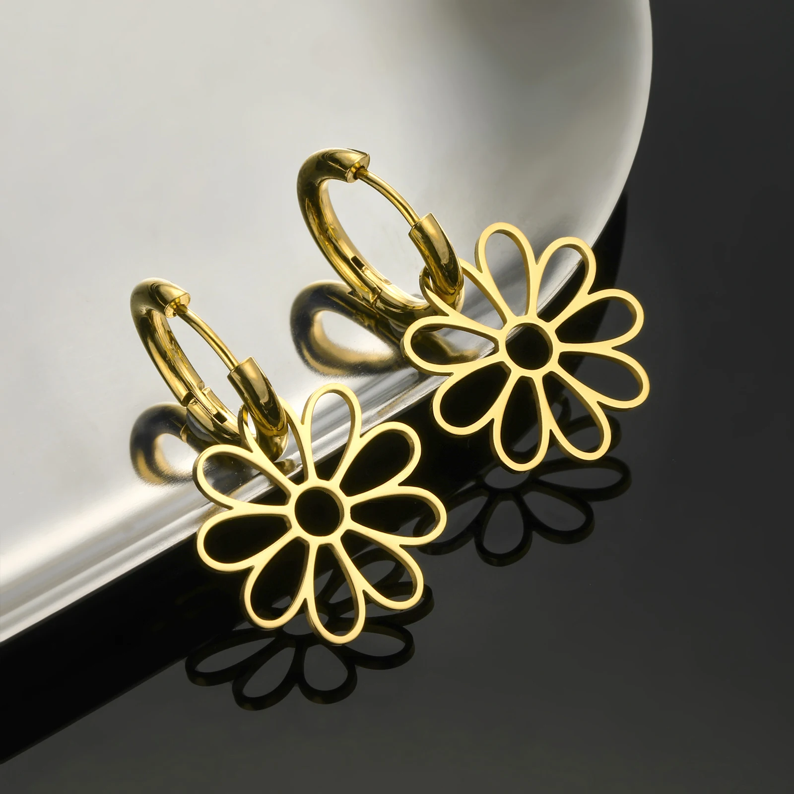 COOLTIME Blumen-Tropfenohrringe für Damen, Edelstahl, goldfarben, Kpop, Party, Geburtstagsgeschenk, Zubehör, Großhandel – Detail 7