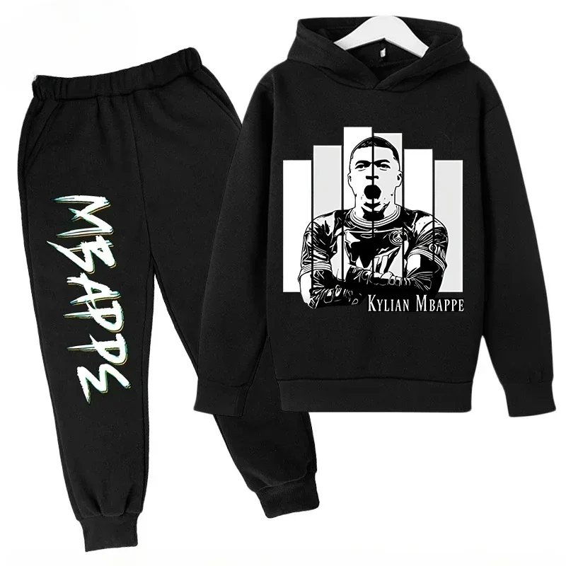 Dziecięcy zestaw dresowy na wiosnę i jesień z nadrukiem Mbappe, bluza z kapturem i spodnie, sportowy komplet dresowy dla dzieci, 2-częściowy zestaw ubrań dla chłopców i dziewcząt.