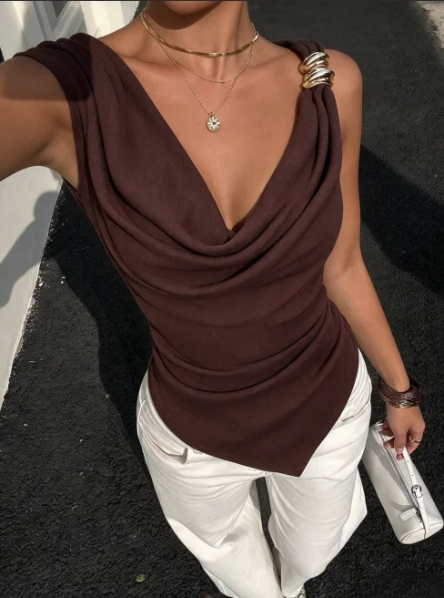 Women Draped Cowl Neck Sleeveless Top Metal Ring Decor Ruched Slim Fit Irregular Hem Tank Top Elegant Party Going Out Blouse