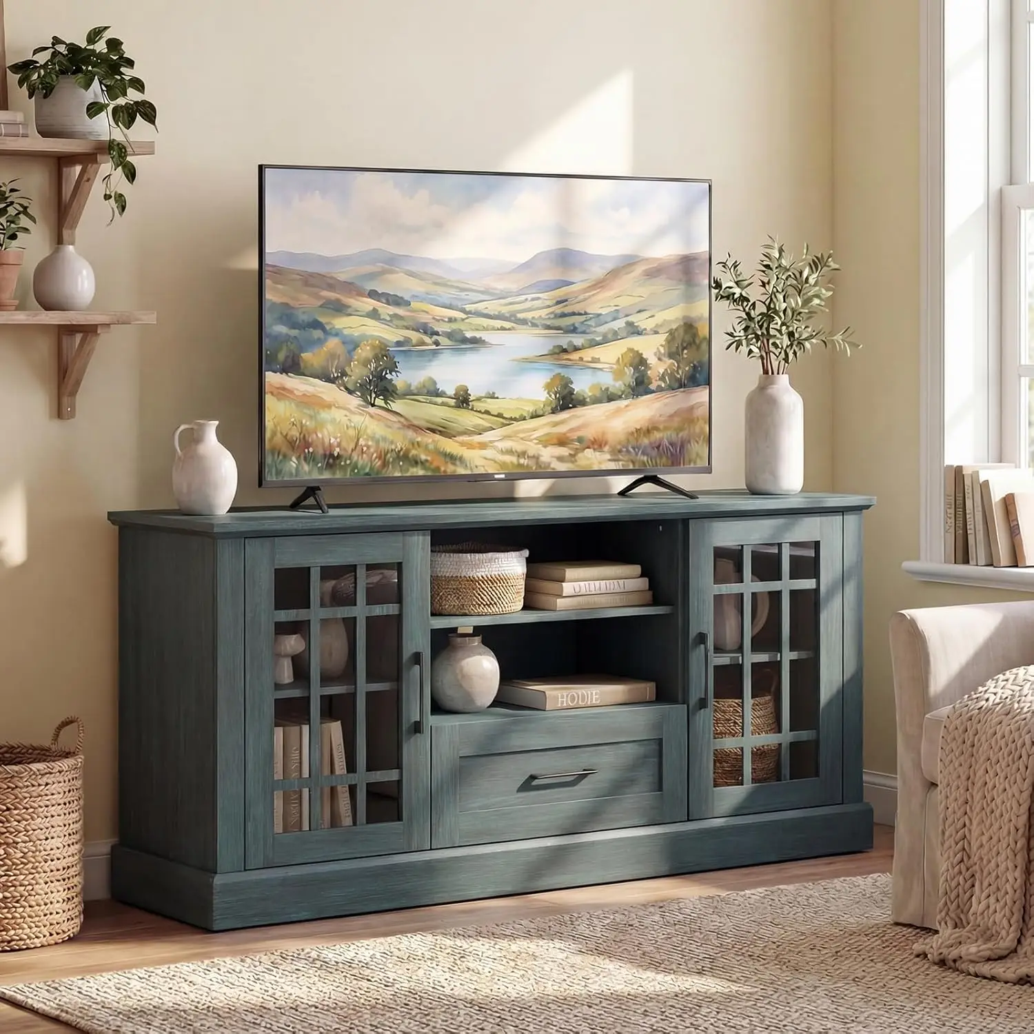 

Тумба под телевизор в стиле фермерского дома для ТВ 65/70 дюймов, высокий медиацентр с шкафами для хранения, стеклянными дверцами, выдвижным ящиком, съемными полками
