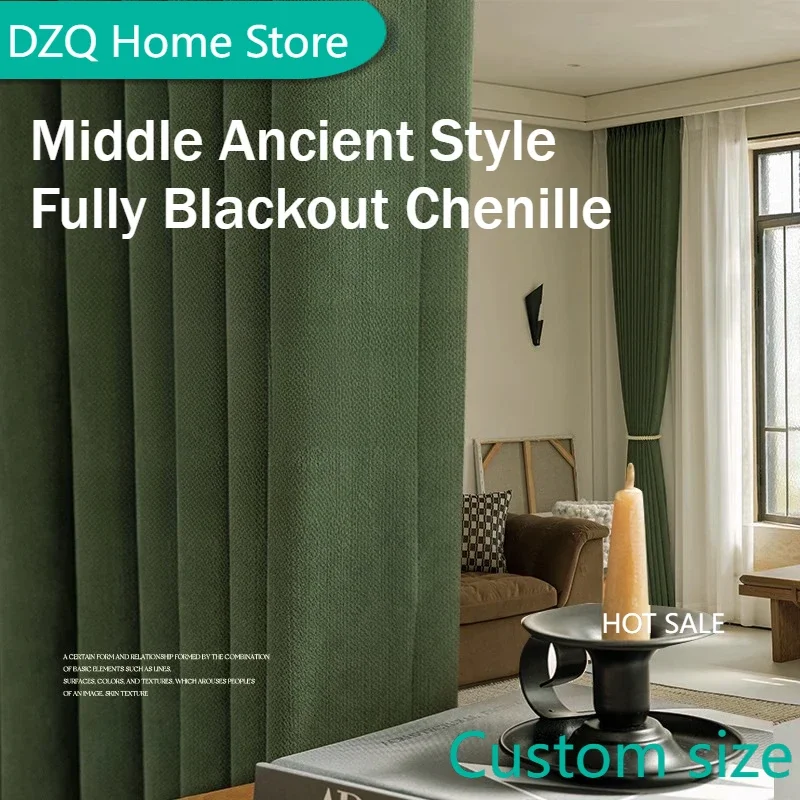 

Medieval Luxury Retro Green Curtains Senior Chenille Full Shading Wheat Grain Curtains for French Window Living Room Bedroom