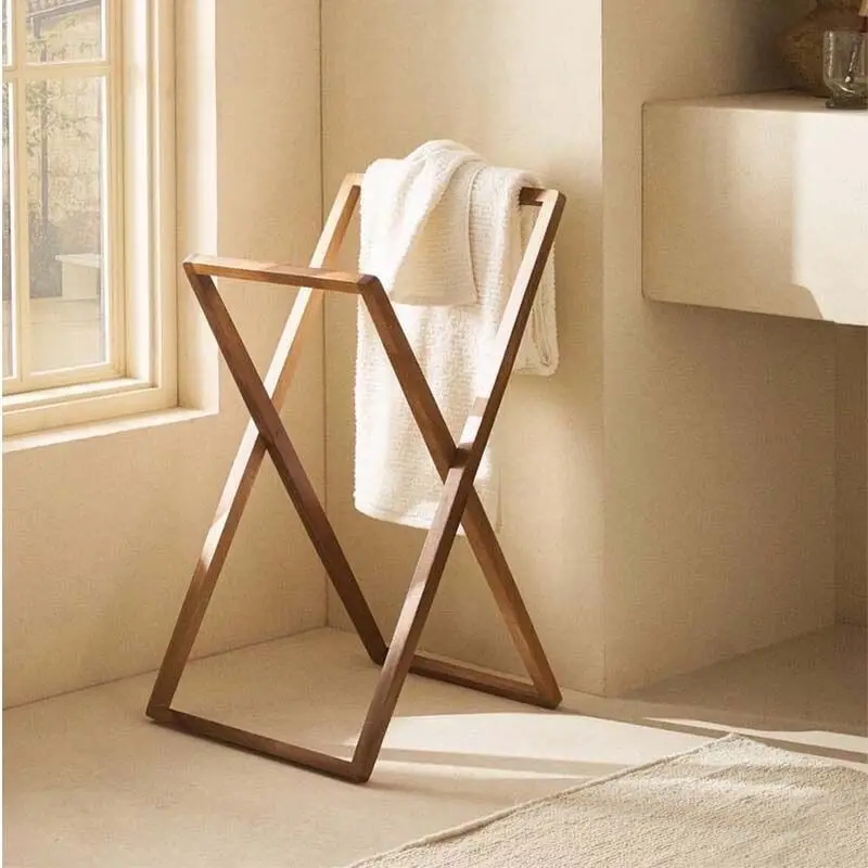 Porte-serviettes de salle de bain en bois massif du sol au plafond, cintre de rangement pliable, style nordique de luxe léger