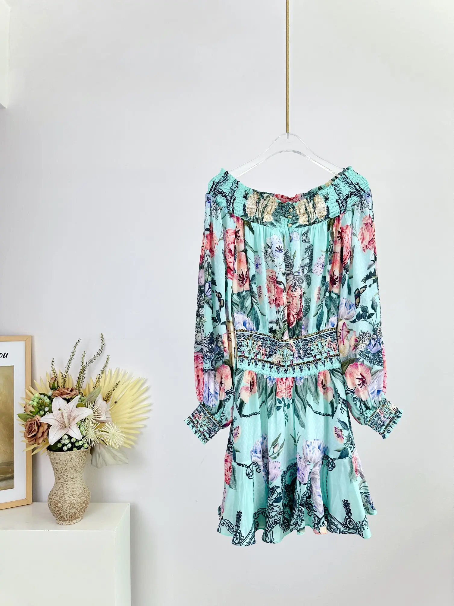 Women Elastic Waist Slash Collar Heavy Beaded Retro Print Mini Silk Dress