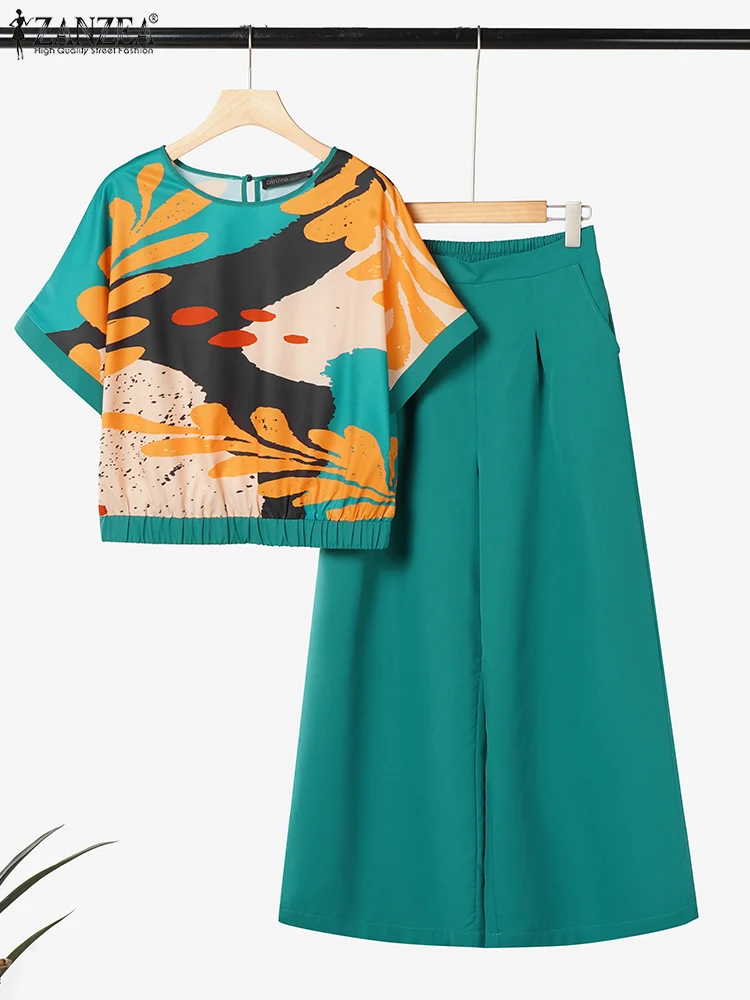 

Summer Pant Sets ZANZEA Women Two Pieces Sets 2PCS Outfits Fashion Short Sleeve Printed Blouse Pant Suit Elegant Woman Tracksuit