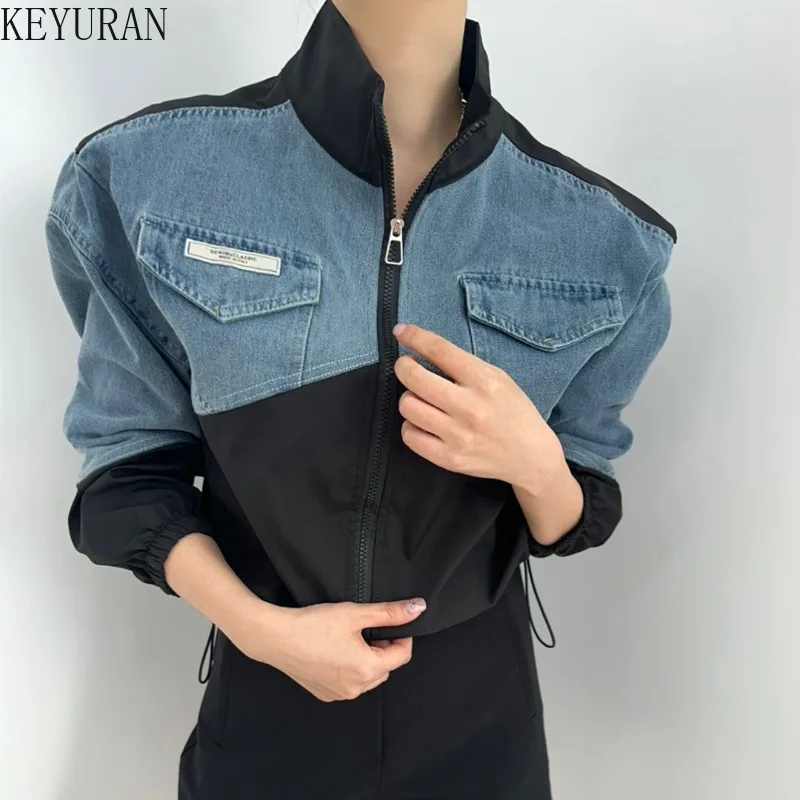 2024 Spring Korean Chic Retro Color Contrast Patchwork Denim Jacket Coat Women Clothes Casual Loose Long Sleeve Crop Tops Female