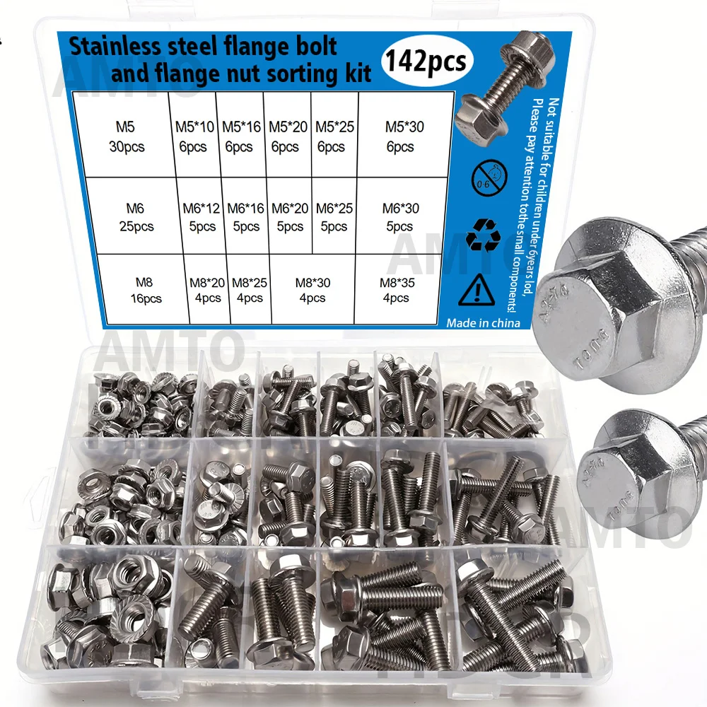 142-teiliges Sechskant-Flanschschrauben- und Muttern-Set aus Edelstahl, M5/M6/M8, Länge 10–35 mm