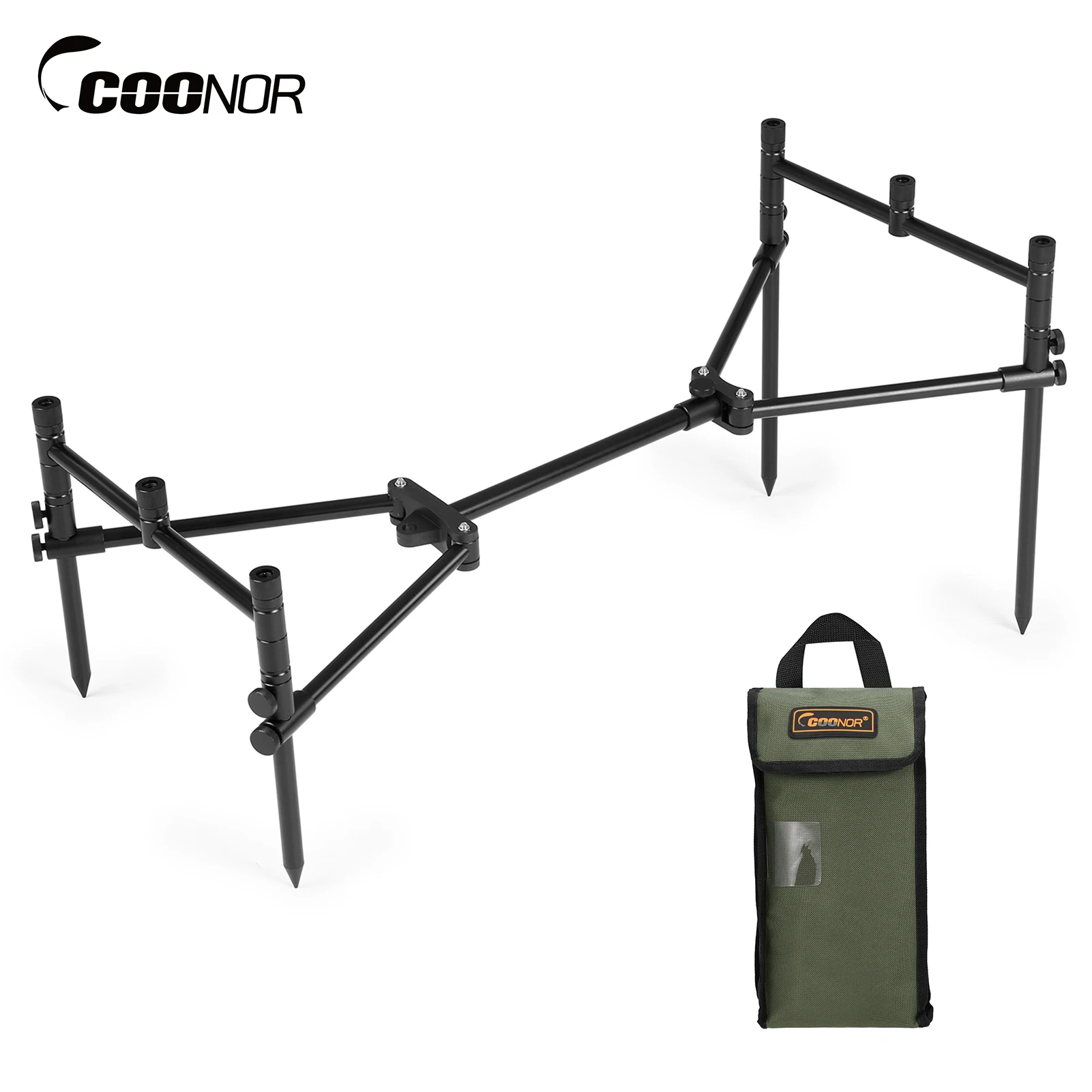 Coonor Detachable Fishing Rod Stand Buzz Bar Pole Rest Head Folding Retractable Fishing Rod Holder w Carry Bag Fishing Equipment