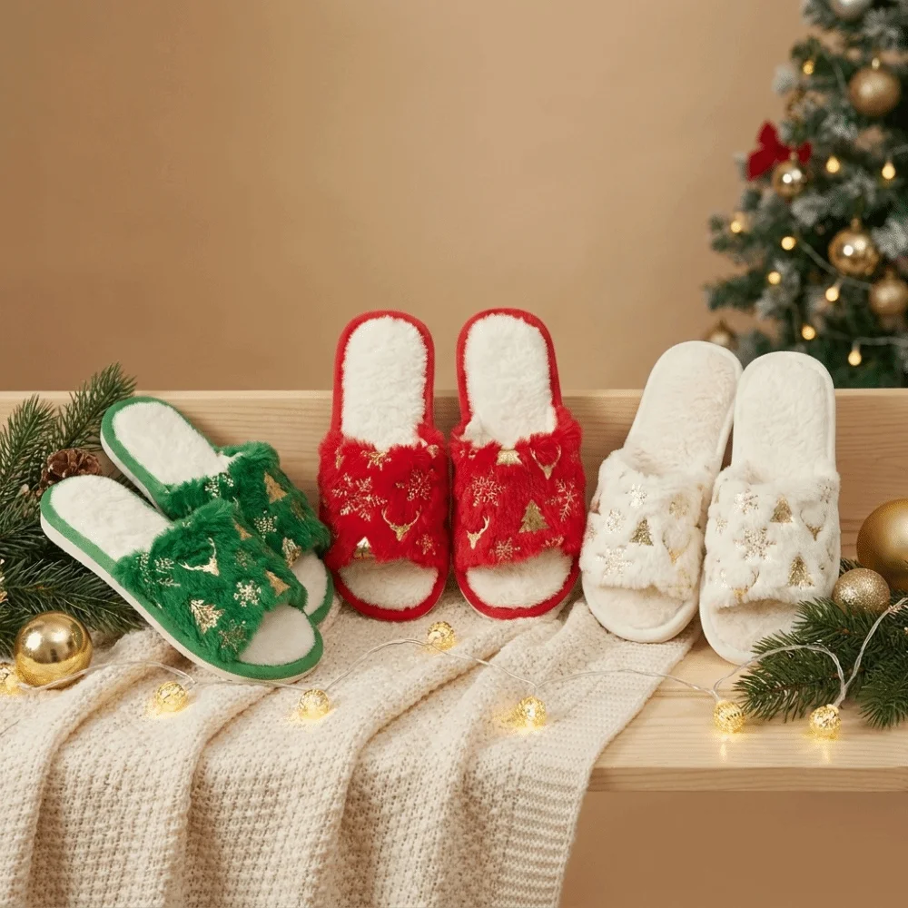 Elegant EVA Christmas House Slippers Soft Sole Non-Slip Fleece Lined Slippers Plush Upper Cozy Open Toe Slippers Winter Season