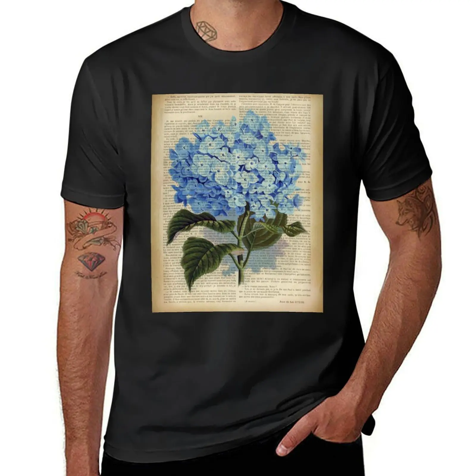 Botanical print, on old book page - Blue Hydrangea flowers T-Shirt heavyweights plus sizes plain men clothes