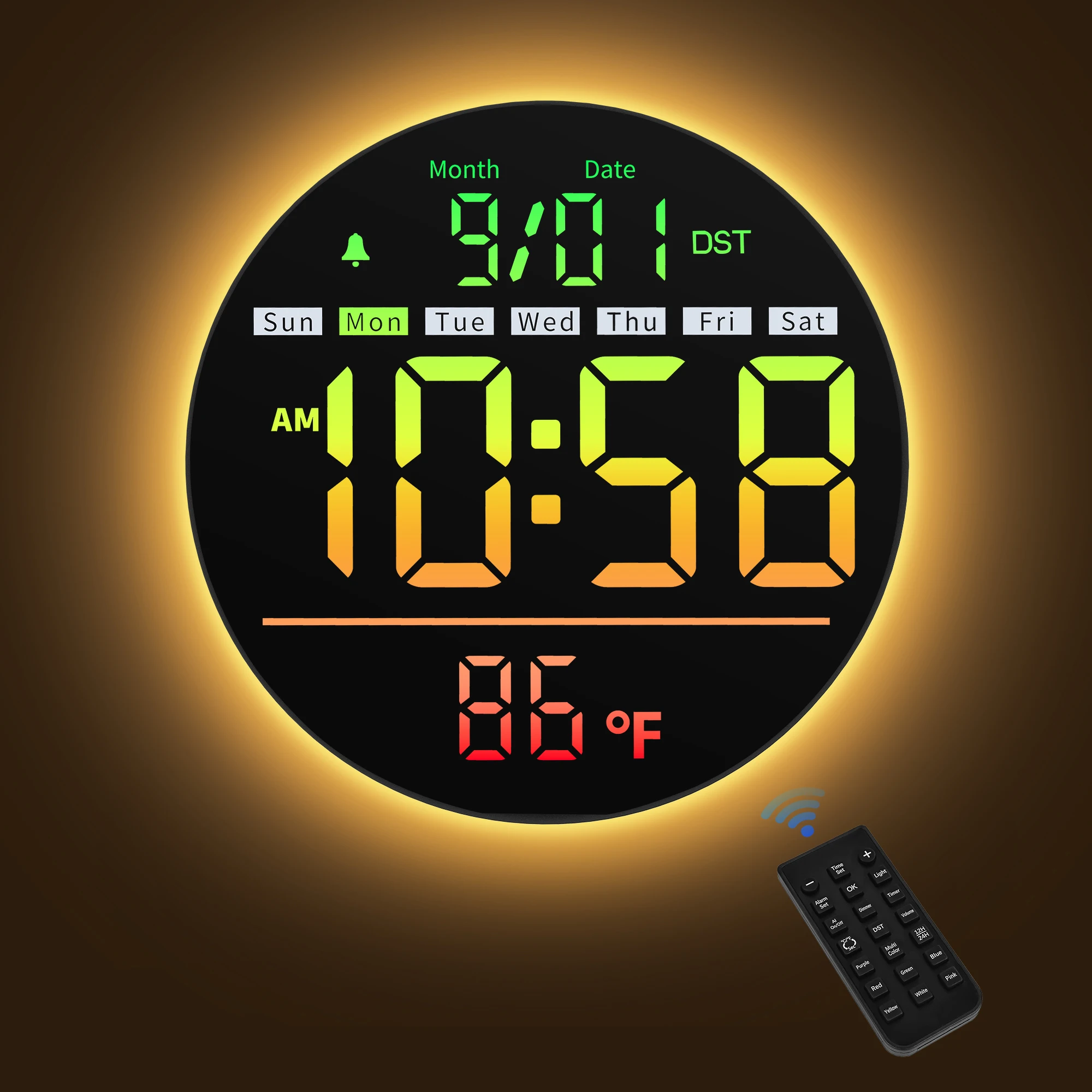 8'' LED-Wanduhr mit Timer, Temperaturanzeige, Datum, Nachtlicht, RGB-Farbe, Alarm, 5-stufige Helligkeit, Digitaluhr für Klassenzimmer, Schlafzimmer