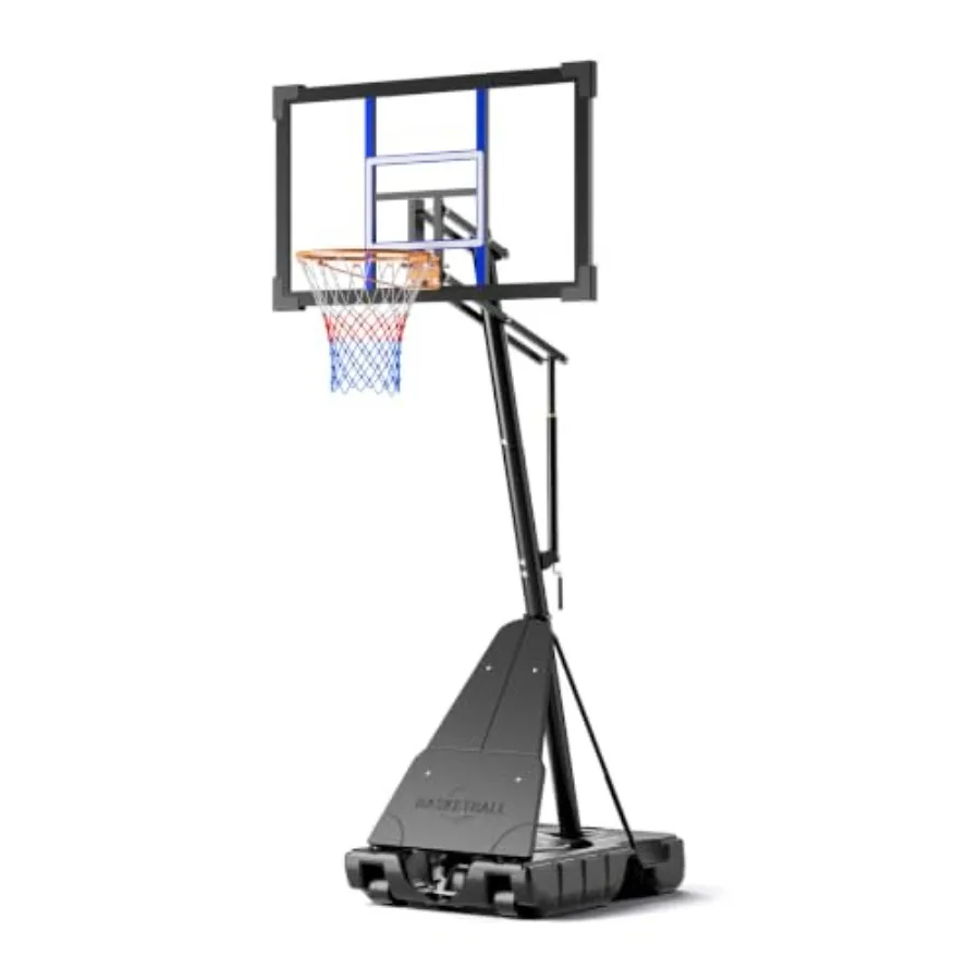 Outdoor adjustable 10-foot basketball hoop with 44-inch tempered glass backboard, black finish, stepless crank height adjustmen