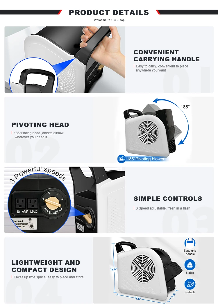Compact portable mini air mover for carpet drying and water damage repair