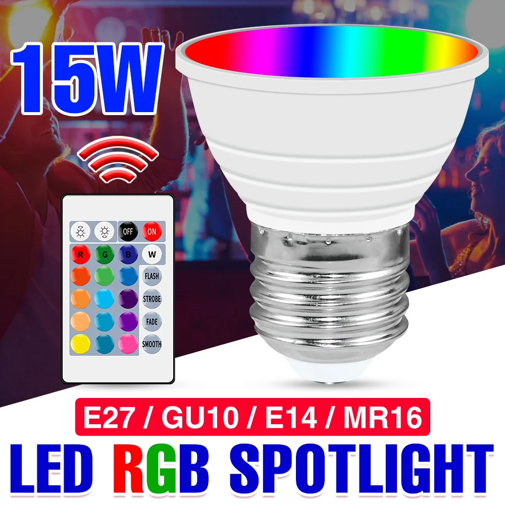 

220V RGB Bulb E27 LED GU10 Lamp MR16 Light E14 Spotlight 15W Bombilla Colorful Light Round Bulb With IR Remote Control Ampoule