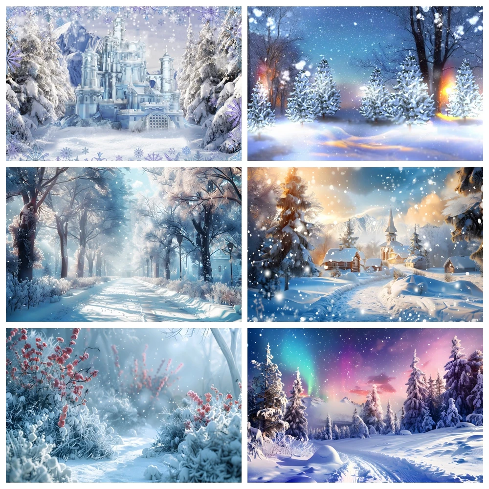 Winter Christmas Background White Forest Snow Castle Scene Kids Birthday Party Decoration Baby Portrait Photography Background