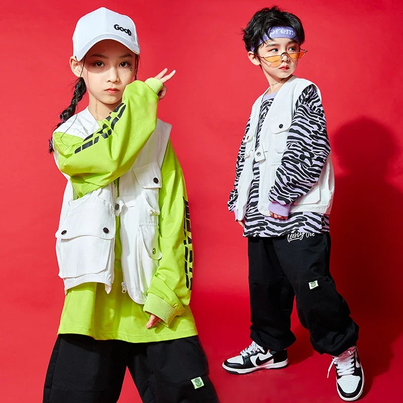 Vêtements Hip Hop pour enfants, costume de danse jazz, veste en fibre, chemise respirante, sweat-shirt, pantalon streetwear