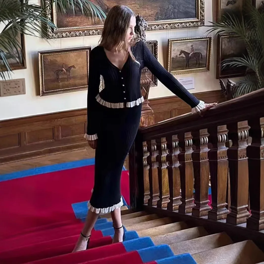 

Skirt 2 Piece Set Women Top V Neck Single Breasted Flare Sleeve High Waist Long Skirts Ensemble 2025 Office Lady Elegant Outfits