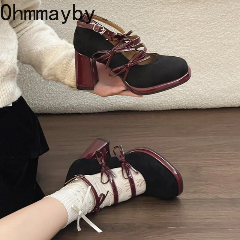 Printemps talon épais femmes Mary Jane chaussures concis papillon-noeud boucle sangle chaussures dames élégant bout carré robe de soirée pompes