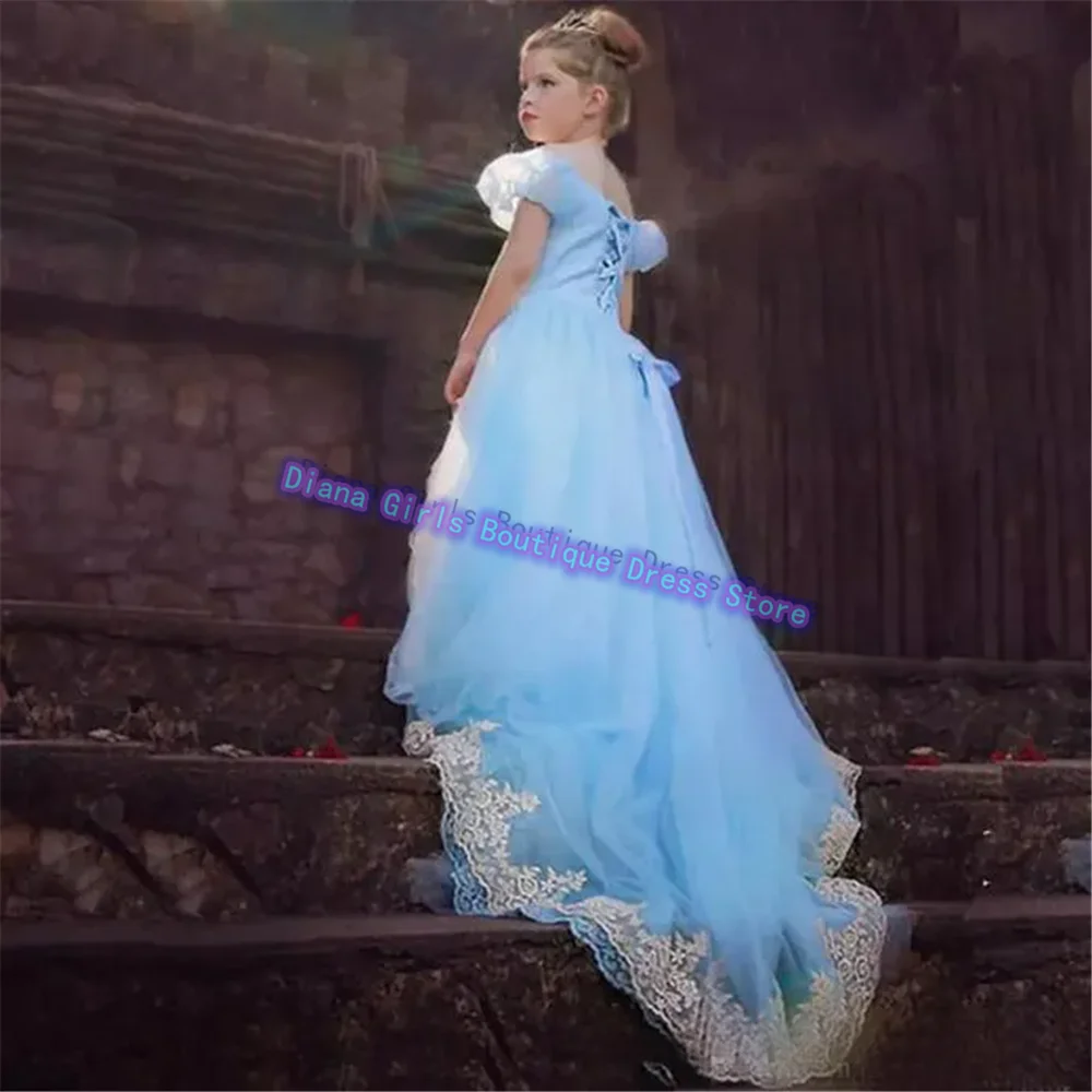 Customized Blue A-line Flower Girls Dress for Wedding Dresses Tulle Party Kids Girls Birthday Gift First Communion Gowns