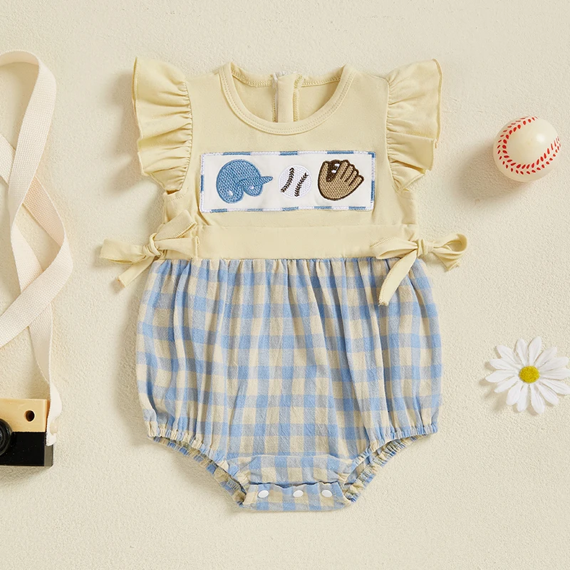

Newborn Toddler Baby Girl Summer Romper Casual Plaid Print Baseball Embroidery Fly Sleeves Jumpsuit Baby Summer Clothes