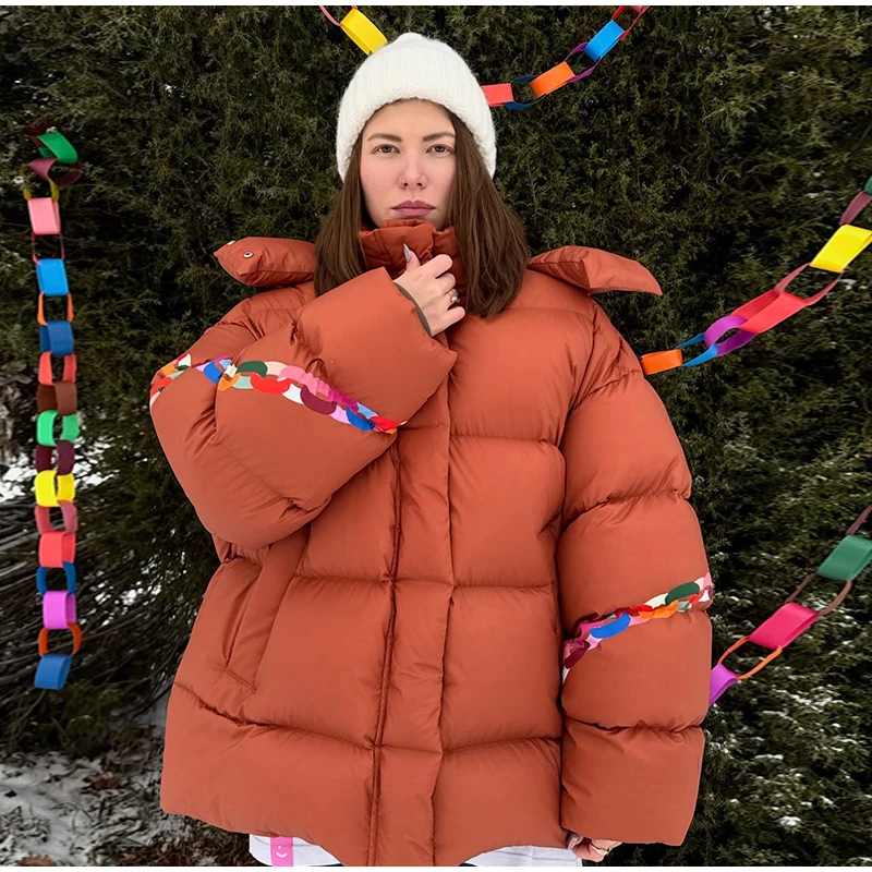 Polka Dot Padded Coat Color‑block Hooded Stand Collar Zipper Buttons Oversized Jacket 2026 Winter Women Warm Chic Casual Outfits