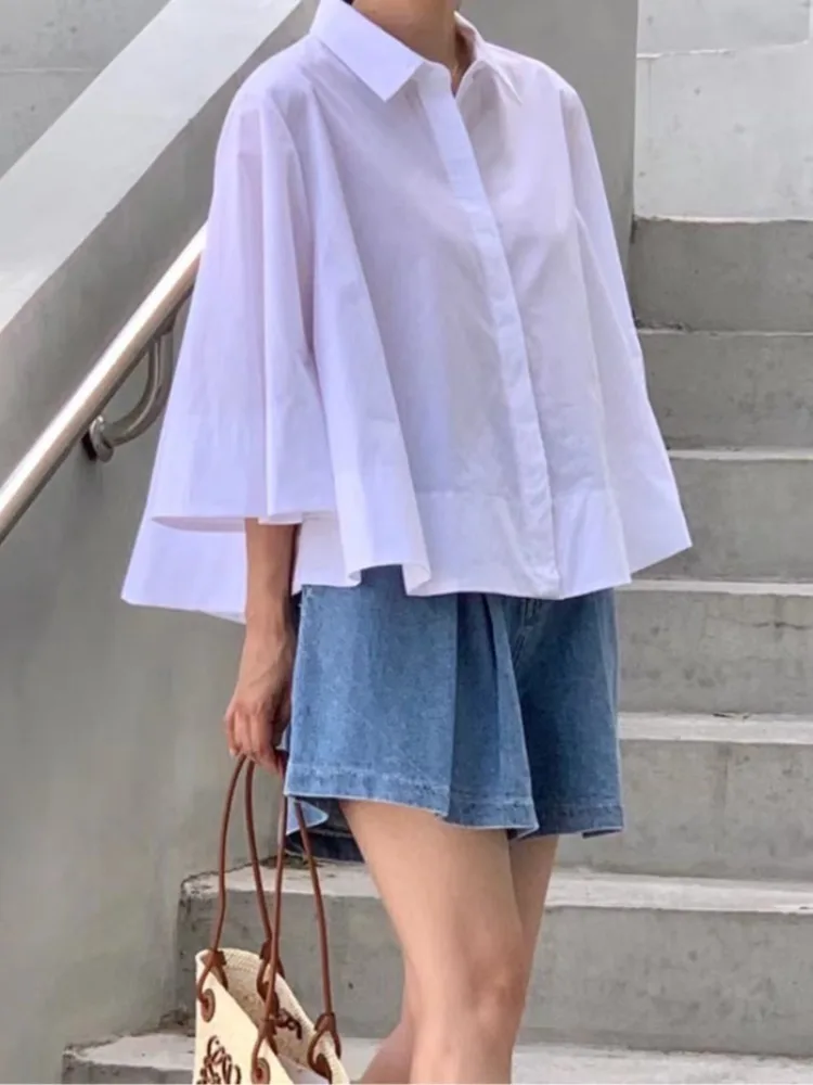 

Chic Summer Design Collar Long Sve Loose Coat Sle Sun Protection irt Women's Sweet Sle Pure Color Bell Sve Top