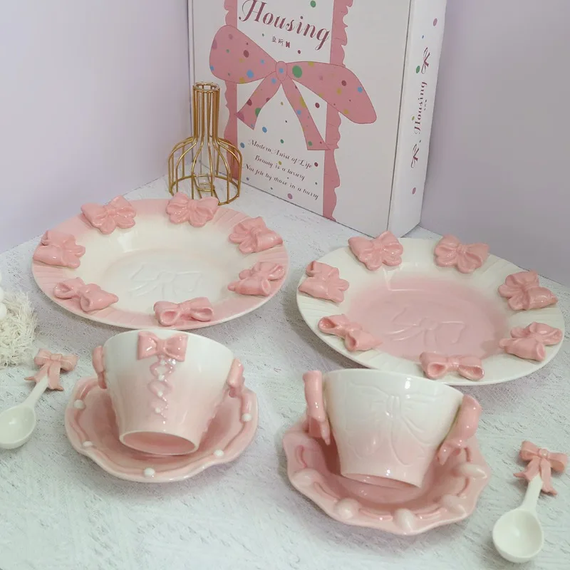 Bow tableware set Ceramic plate Household rice bowl Dessert fruit breakfast plate