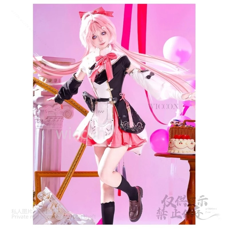 เกม Wuthering Waves Encore คอสเพลย์เครื่องแต่งกายชุดต่างหูเต็ม Kawaii ชุดวิกผมสีชมพูผู้หญิงปาร์ตี้ฮาโลวีน