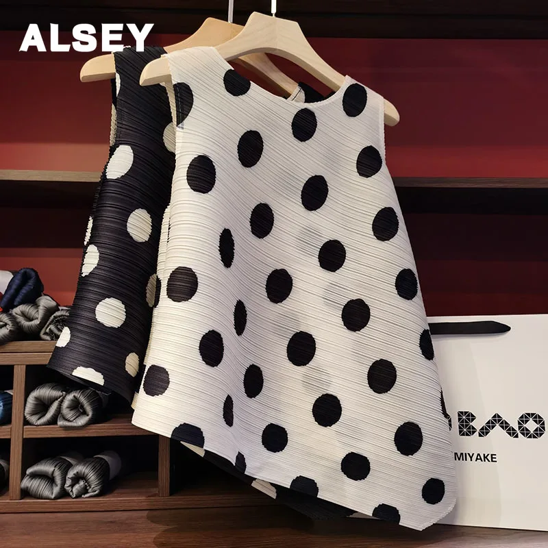 ALSEY Miyake Polka Dot Printed Sleeveless Round Neck Pleated Women's Tops Fashion Versatile Loose Plus Size Slim Vest T-Shirt