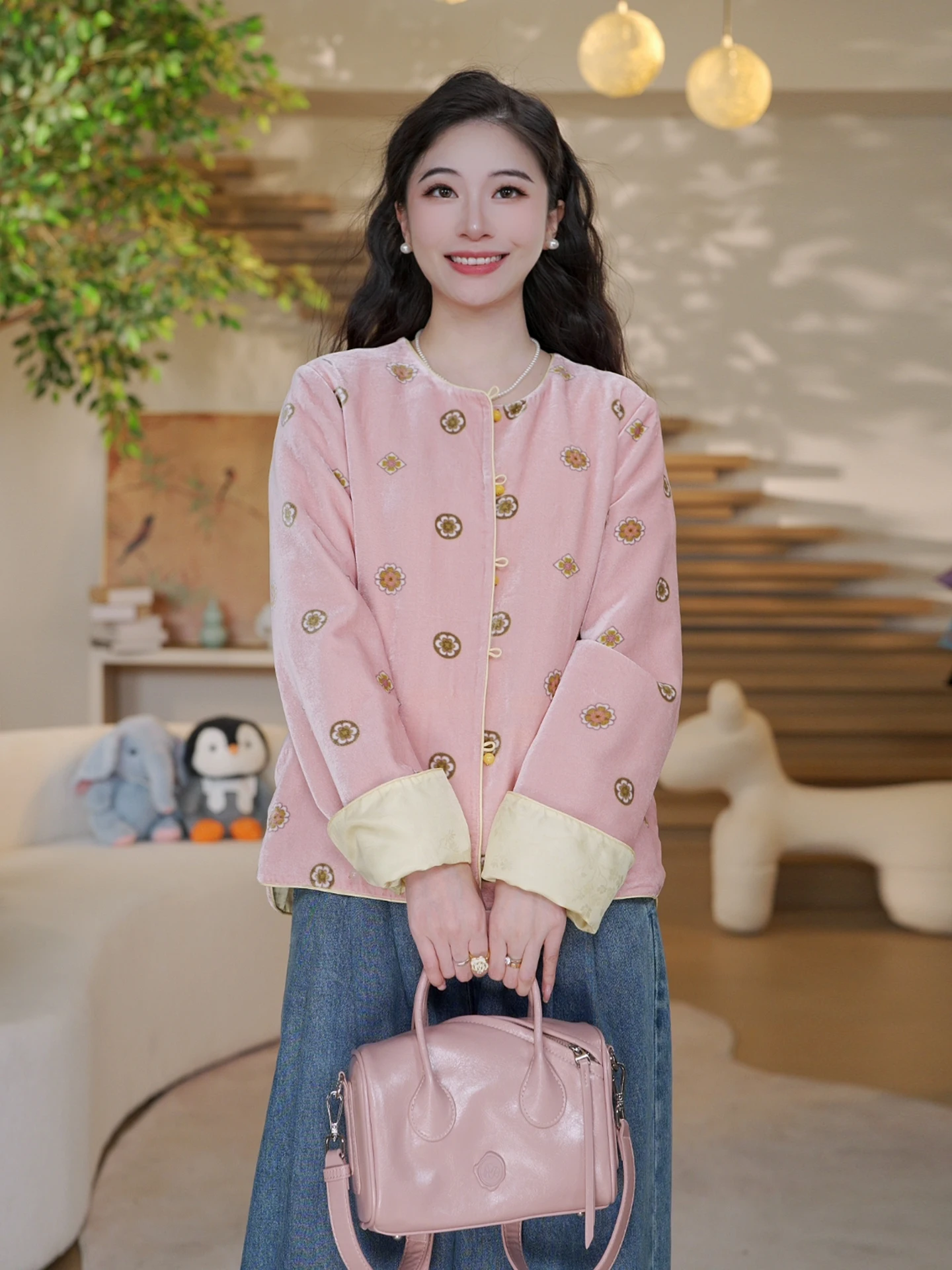 

Double-Sided Wear Silk Velvet Silk New Chinese Sle National Trend Top Women's Loose Fit Long Sve round Ne Coat