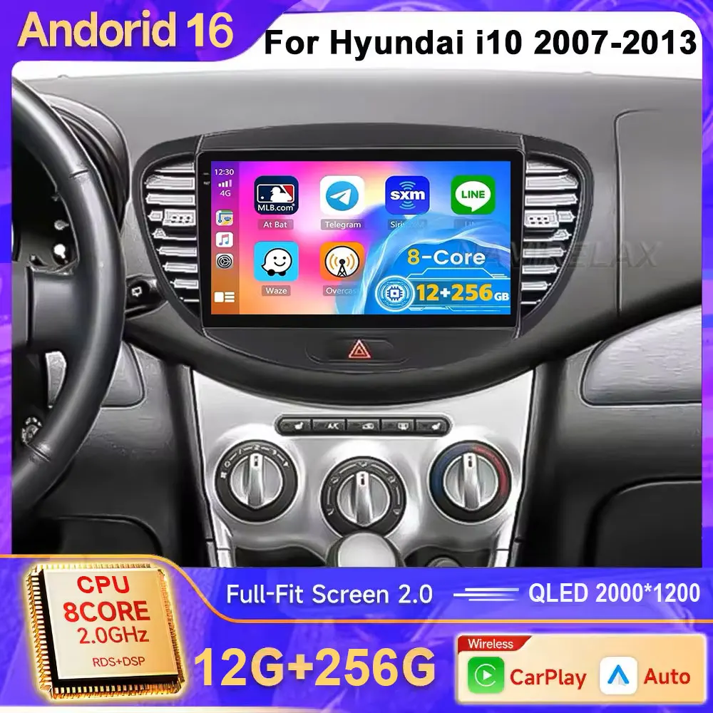 Android 16 Car Radio Stereo for Hyundai I10 2007 2008 2009 2010 2011 2012 2013 Carplay Auto Multimedia Player WiFi GPS Recorder