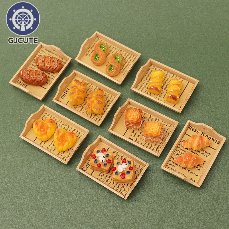 1set Dollhouse Miniature Simulation Food Toys Wooden Tray Double Ear Plate Bread Model Decoration Kitchen Accessories